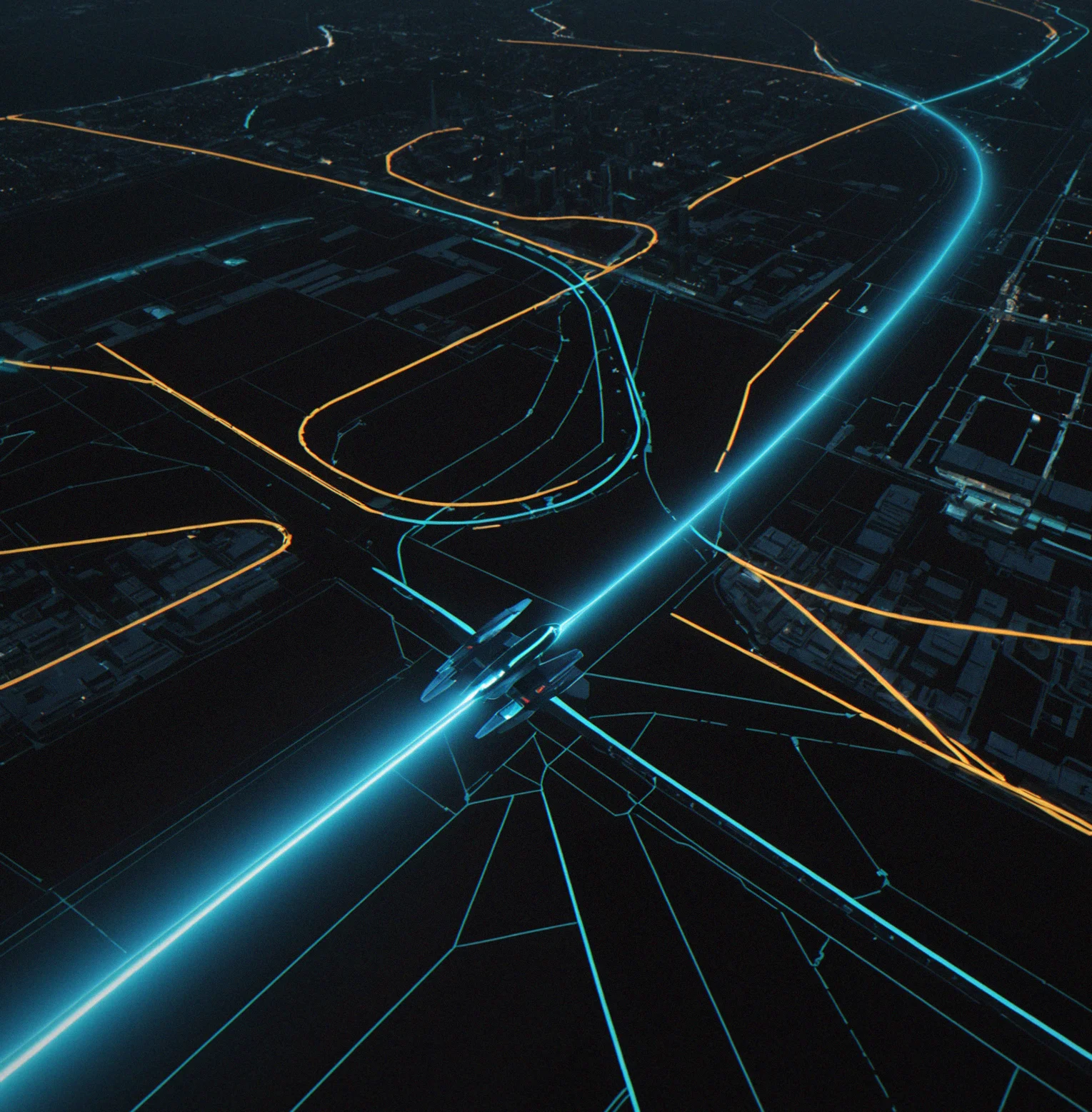 The cockpit view with a tight flight corridor ahead, a cyan line showing your intended path, and a live variance readout in the corner