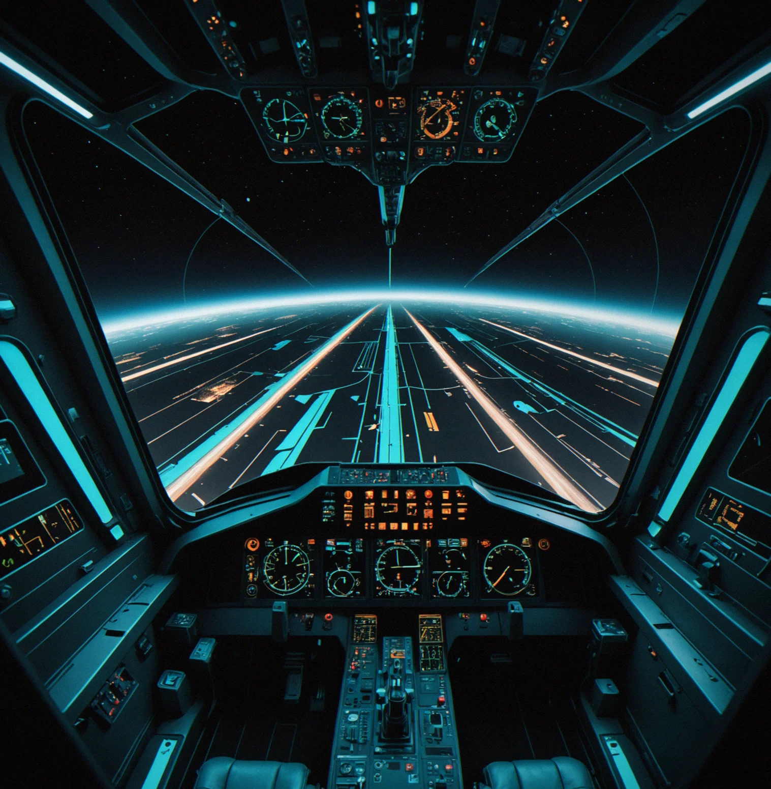 Cockpit view from the pilot seat. Narrow corridor with obstacles, cyan trajectory line drawn through it, variance meter shows 3.2 degrees