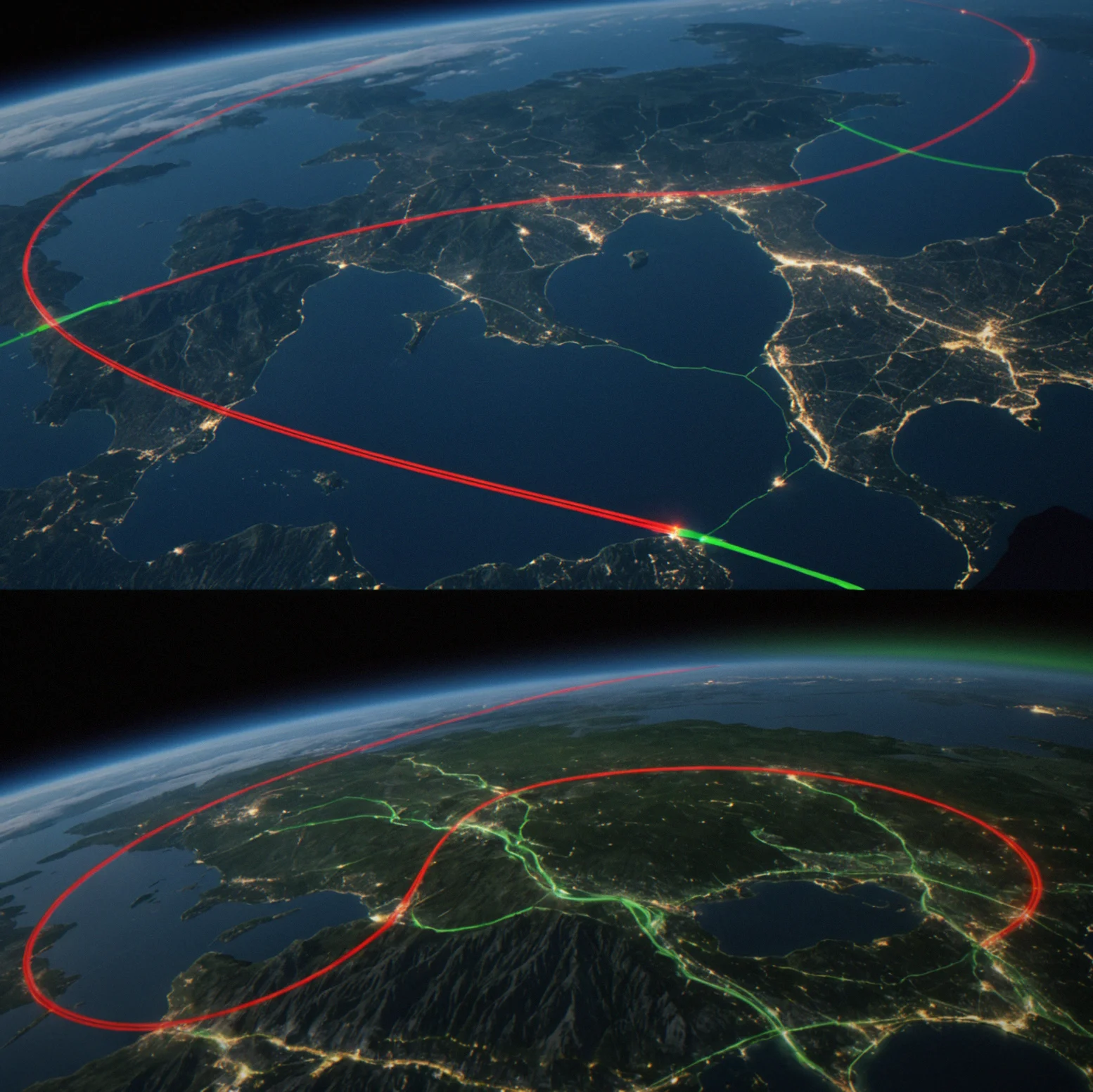 Split-screen comparison of two identical flight paths—one highlighted in green, the other in red showing a noticeably wider margin