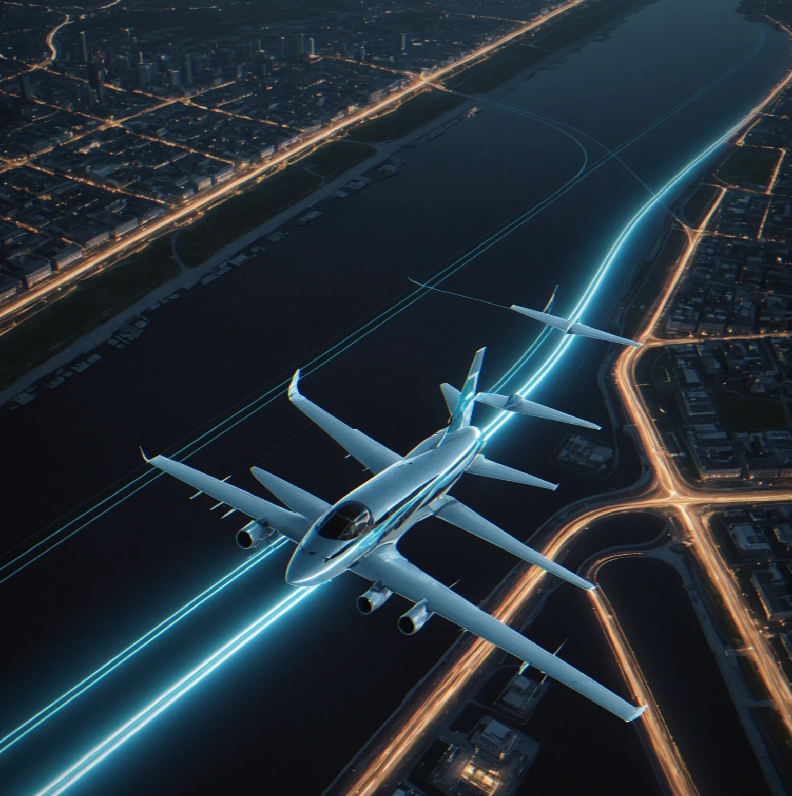 Cockpit view of a precision flight corridor with geometric obstacles and a cyan trajectory line showing the path